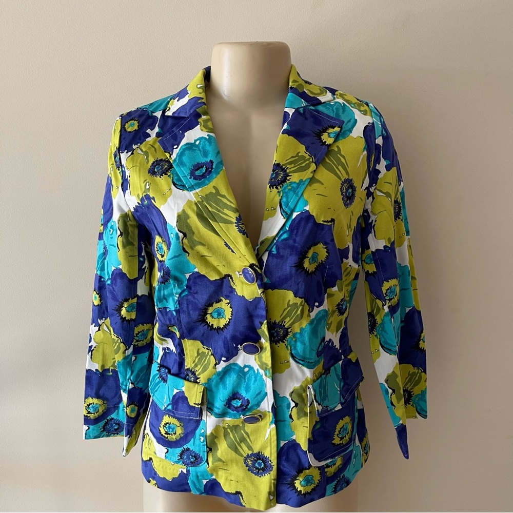 Joan Rivers Blue Floral Print Multicolor Button-front Blazer
